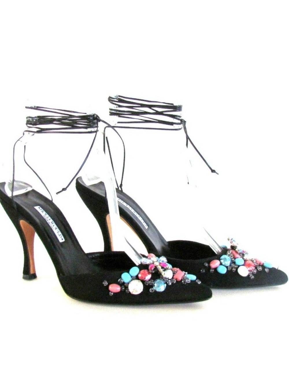 Hollywould Black Fabric Embellish Pointy Toe Ankle Lace Up Designer Shoes 8 1/2
